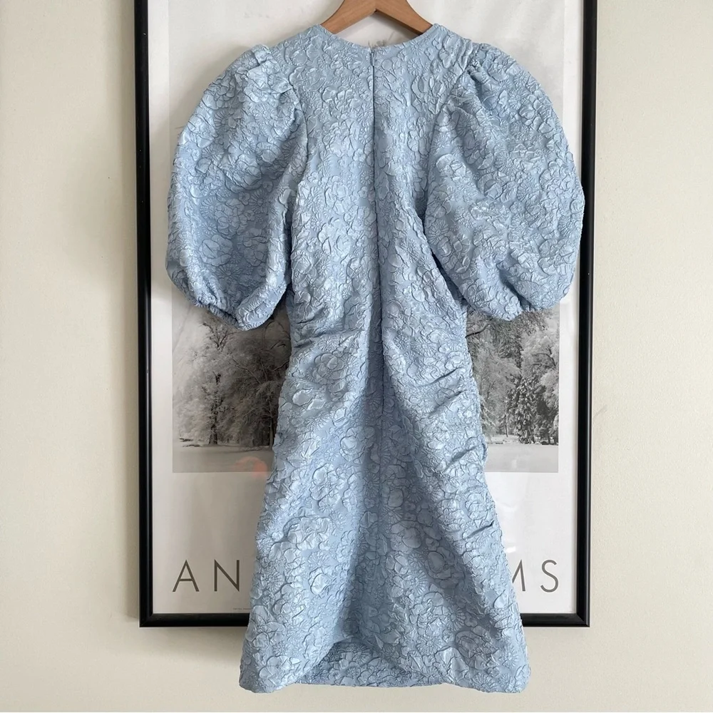 GANNI Sky Blue Jacquard Puff Sleeve Ruched Mini Dress NWT EU 34 US 2 XS - Picture 15 of 16